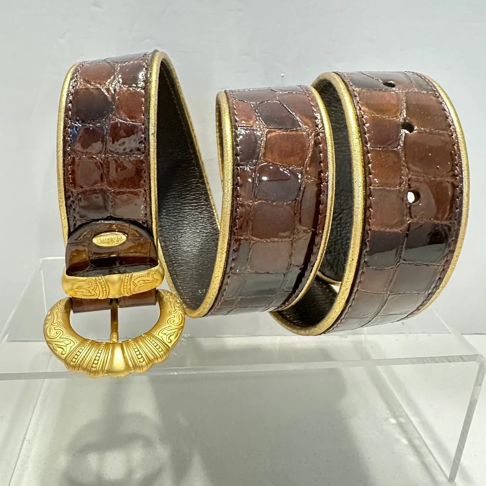Nanni Italy Brown Crocodile Embossed Leather Belt Gold Engraved Buckle Size 34
